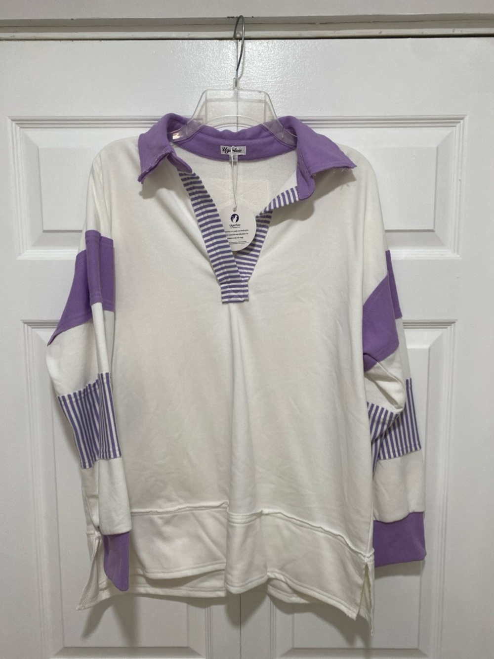 Striped Collar Pullover Top in White and Lavender